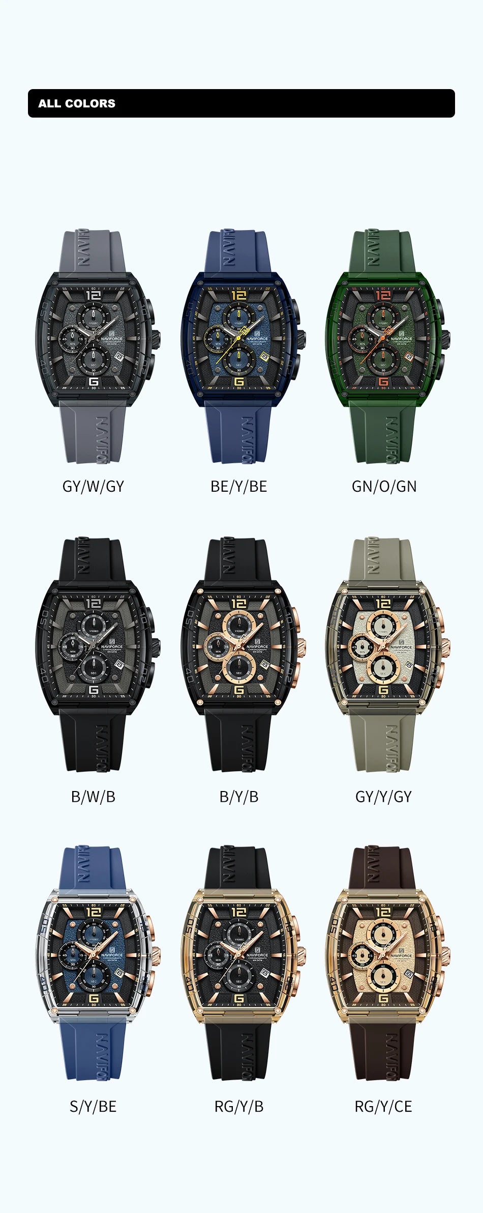 NAVIFORCE Luxury Men's Watch Quartz Chronograph 5ATM Waterproof Luminous Hand Soft Silicone Strap Male Fashion Sports Wristwatch