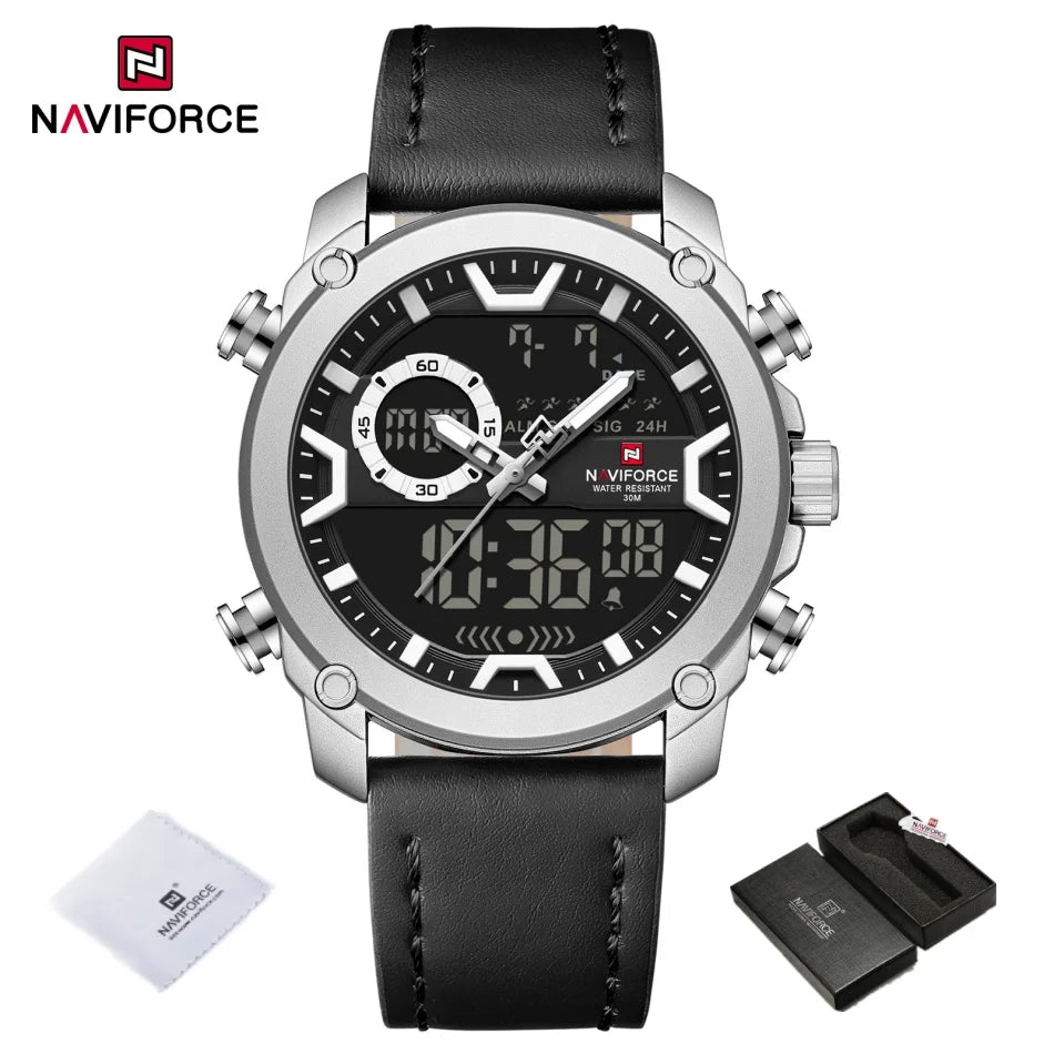 NAVIFORCE Mens Watch Original Simple Brand Quartz Watch Japan Movement Genuine Band Luminous Dual Display Watches For Men Gifts
