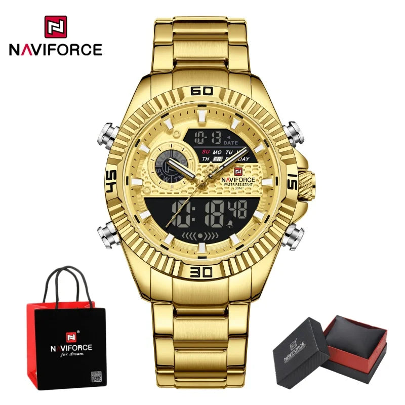 NAVIFORCE Men Watches Quartz Dual Display Waterproof Stainless Steel Male Luxury Fashion Business Outdoor Wristwatch Gifts Box