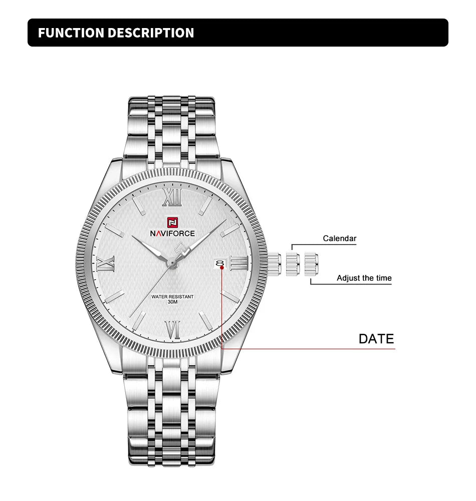 NAVIFORCE Lover Watch Quartz Calendar Display 30M Waterproof Steel Strap Fashion Luxury Couple Wristwatch for Men and Women Gift