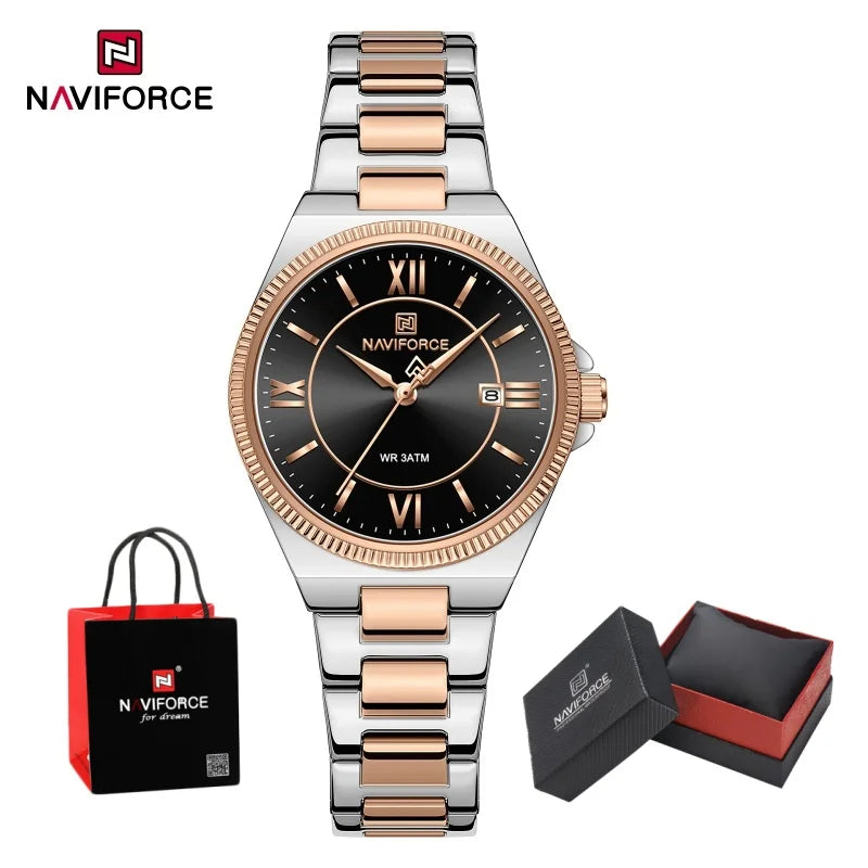 NAVIFORCE Women's Quartz Watch 3ATM Waterproof Date Display Stainless Steel Fashion for Daily Dress Lady Wristwatch Gifts Box