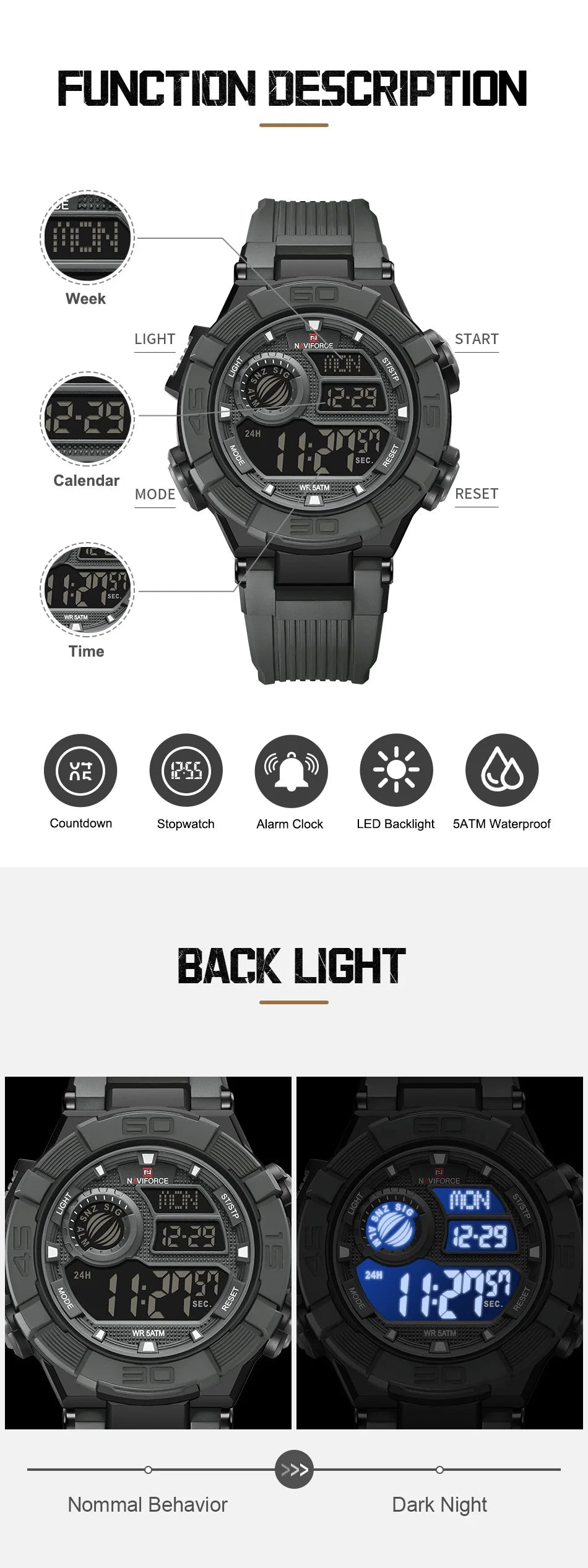 NAVIFORCE Men's Watch LCD Digital 50M Waterproof Multifunction Soft TPU Strap Military Style Teenager Sports Outdoor Wristwatch