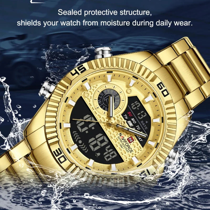 NAVIFORCE Men's Watch Quartz Dual Display 3ATM Waterproof Luminous Chronograph Alarm Clocks Male Luxury High Quality Wristwatch
