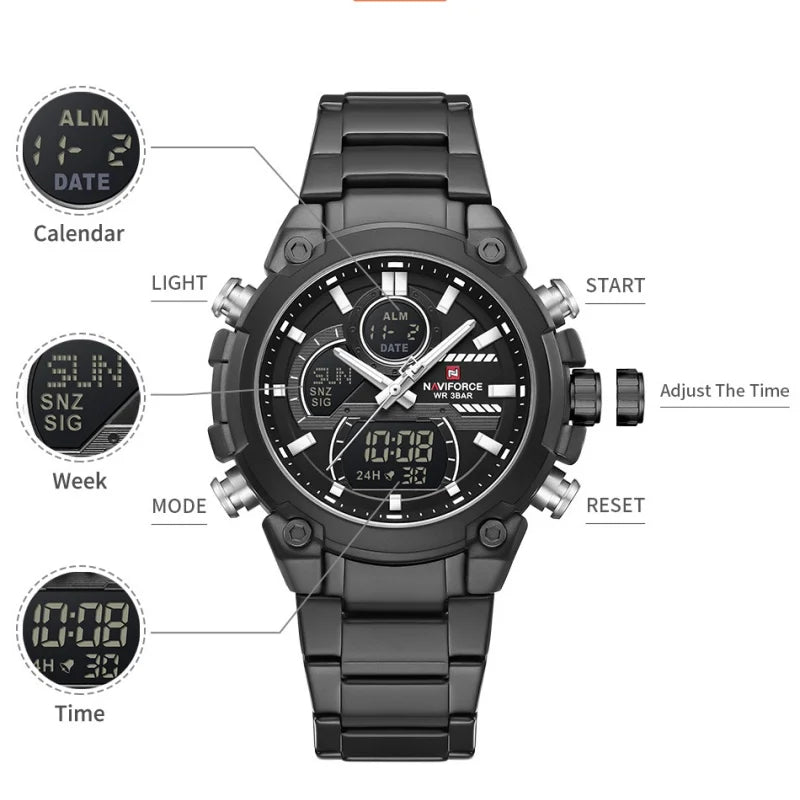 NAVIFORCE Men's Watch Luxury Quartz LCD Digital Sports Military Style Dual Display Chronograph Alarm Clock Wristwatch Gifts Box