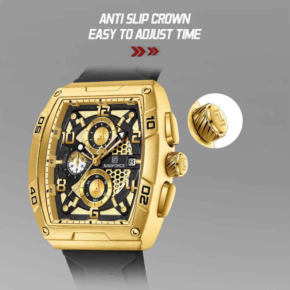 Fashion Brand NAVIFORCE  Men Gold Design Quartz Watches Casual Male  Wrist Watch Large Dia Multi-function PU Waterproof Clock
