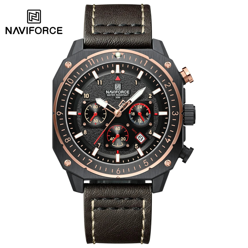 NAVIFORCE Sports Multifunction 24 Hours Date Display Waterproof Watch for Men Fashion Leather Quartz Analog Luminous Wrist Watch