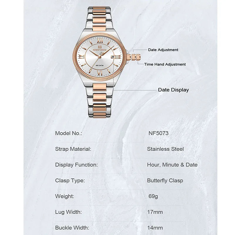 NAVIFORCE 2026 Women's Sports Luxury Quartz Wristwatch 3ATM Waterproof Stainless Steel with Calender Casual Fashion for Gift
