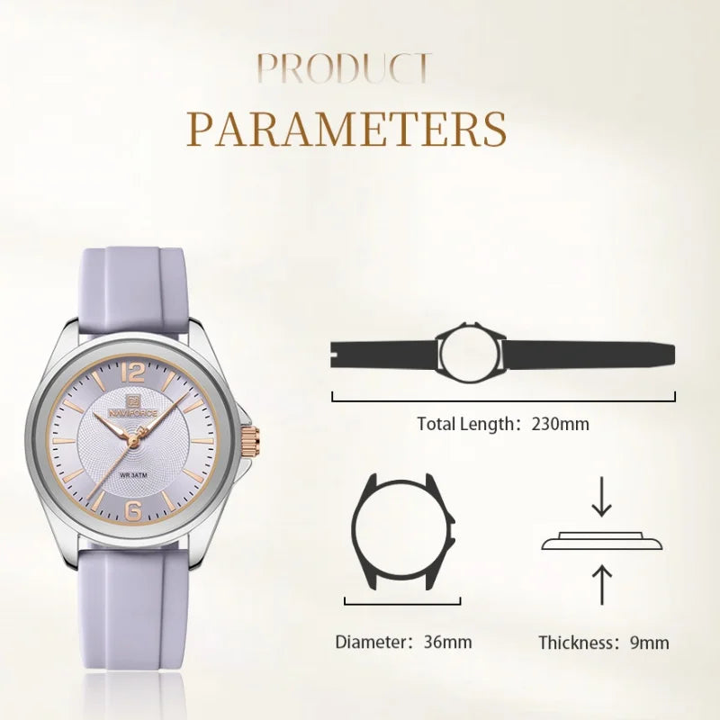 NAVIFORCE Top Brand Women's Quartz Watch Silicone Strap Fashionable Wristwatch Comfortable Girls Simple Gift Clock Box NF5068