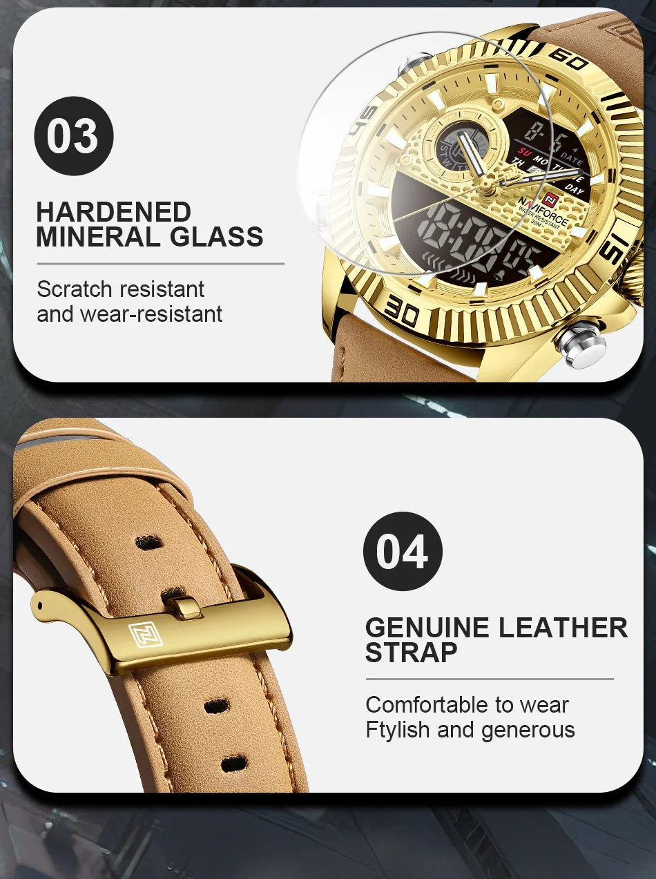 NAVIFORCE Men's Watches Sport Quartz Analog LCD Digital Wristwatch 30m Waterproof Luminous Chronograph Watch for Men Date Clock