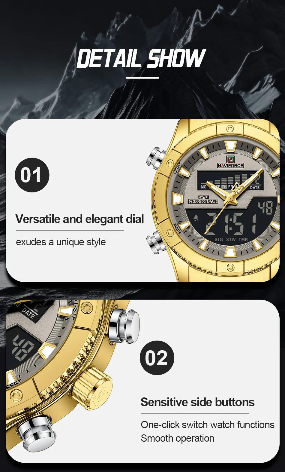NAVIFORCE Brand Men's Watches Luxury Fashion Stainless Steel Quartz Chronograph Alarm Wristwatch for Male Water Resistant Sport