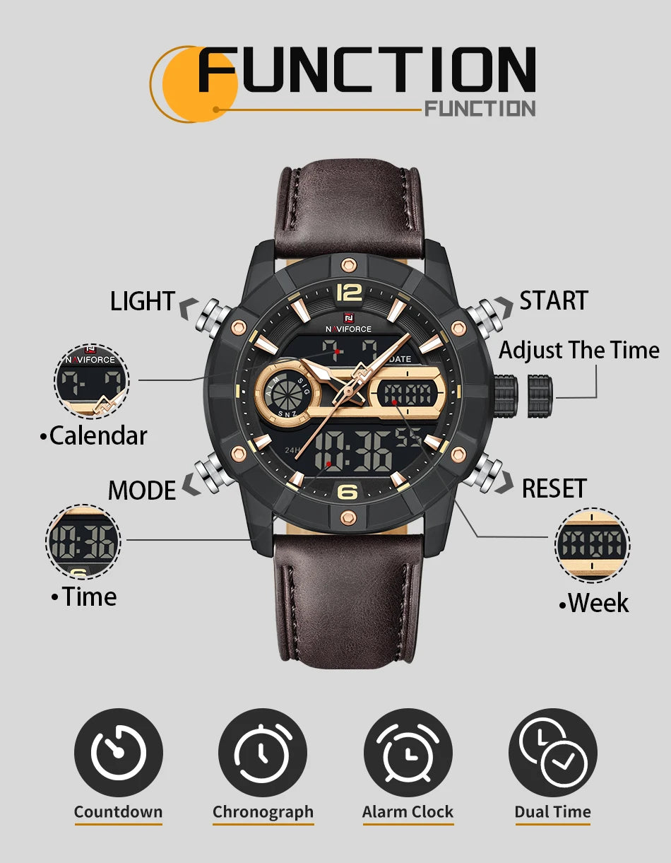 NAVIFORCE Men Watch Fashion Sports Waterproof Alarm Countdown Automatic Calendar Display Luxury Brand Men Original Quartz Watch