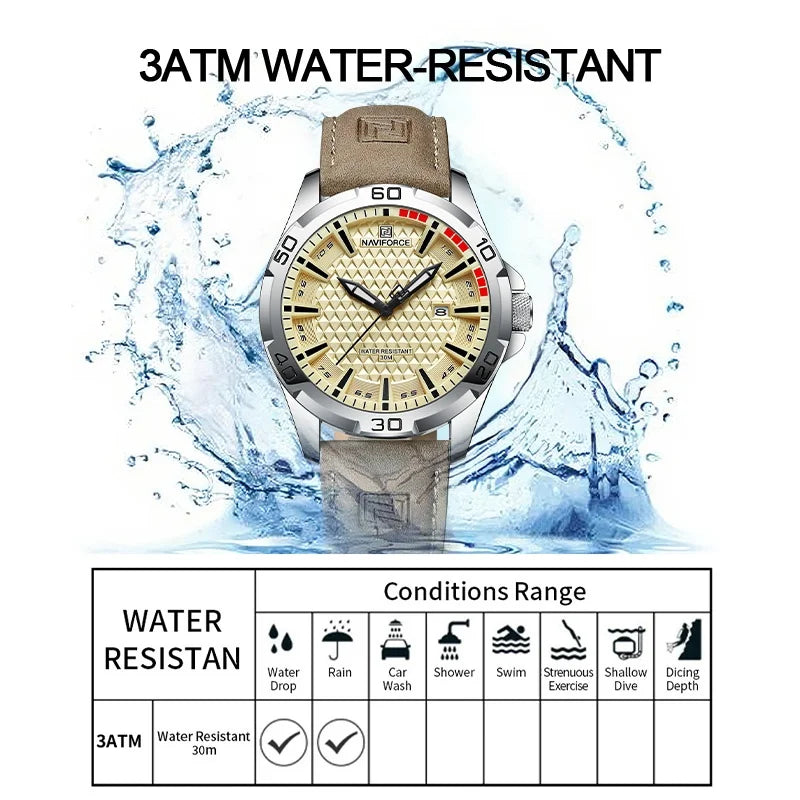 Naviforce Brand Sports Men Watches Leather Band Male 30m Waterproof Military Wristwatch Quartz Date Clock Relogio Masculino 2023