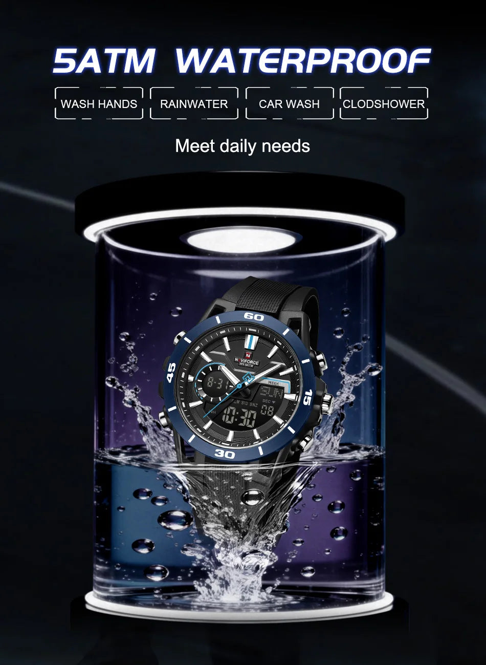 NAVIFORCE Men's Fashion Dual Display Watch 5ATM Waterproof Luminous Soft TPU Strap Male Sports Outdoor Daily Wristwatch Gift Box