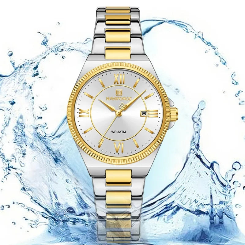 NAVIFORCE Women's Quartz Watch 3ATM Waterproof Date Display Stainless Steel Fashion for Daily Dress Lady Wristwatch Gifts Box