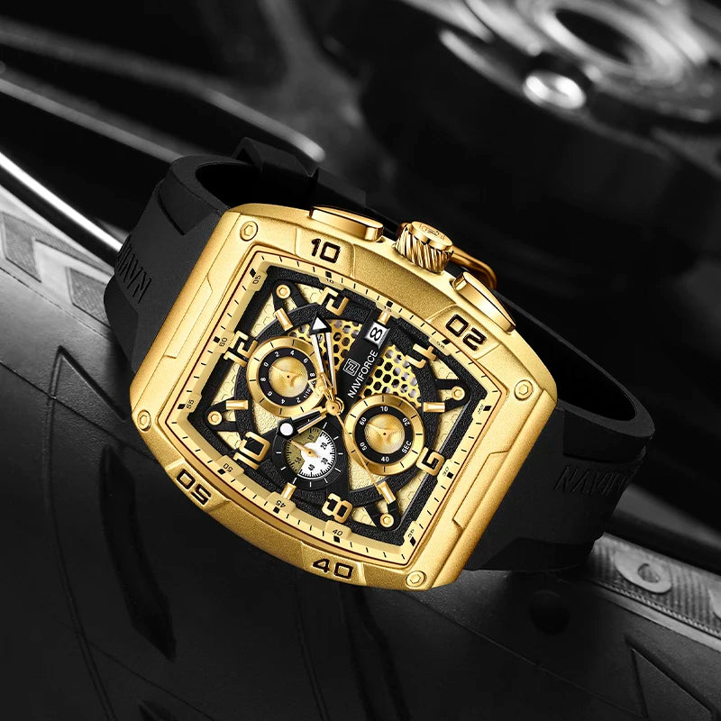 Fashion Brand NAVIFORCE  Men Gold Design Quartz Watches Casual Male  Wrist Watch Large Dia Multi-function PU Waterproof Clock