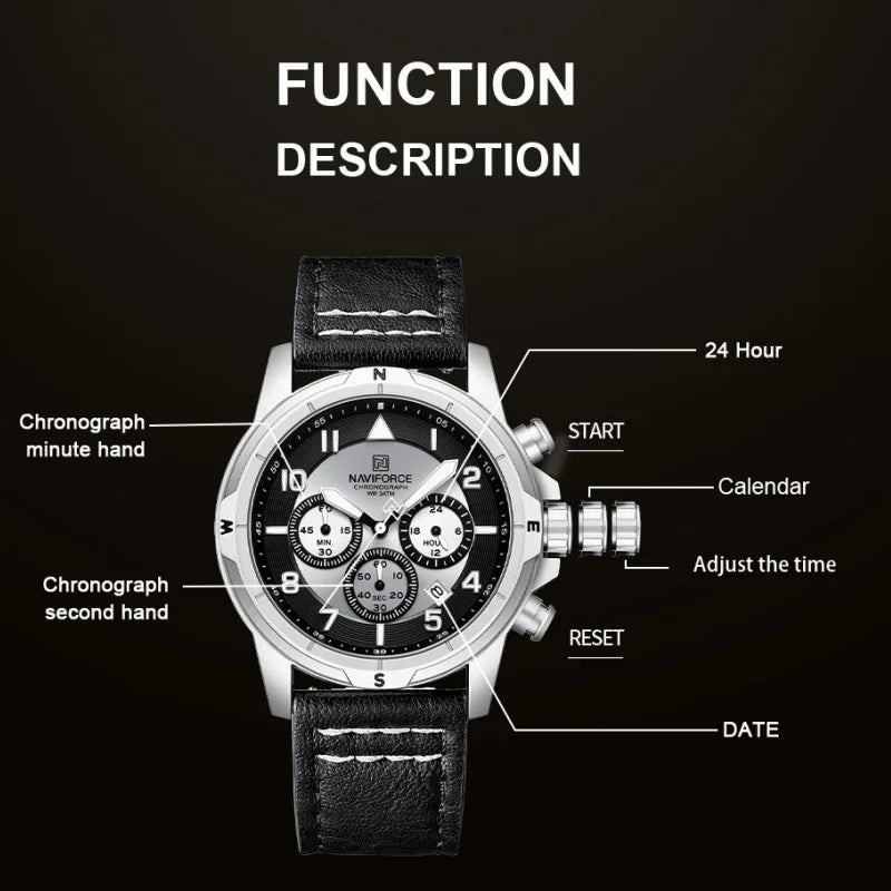 NAVIFORCE New Male Wristwatch Multi Dial Chronograph 24 Hour Clock Leather Band Men Modern Business Luxury Man's Watch NF8077