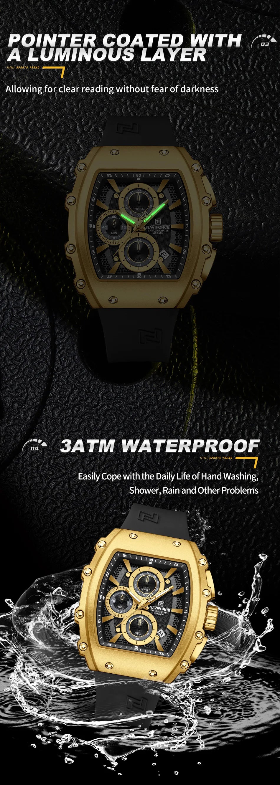 NAVIFORCE Leisure Male Clock Chronograph Watches for Man Quartz 30M Waterproof Luminous Hands Silicone Strap Wristwatch Gift Box