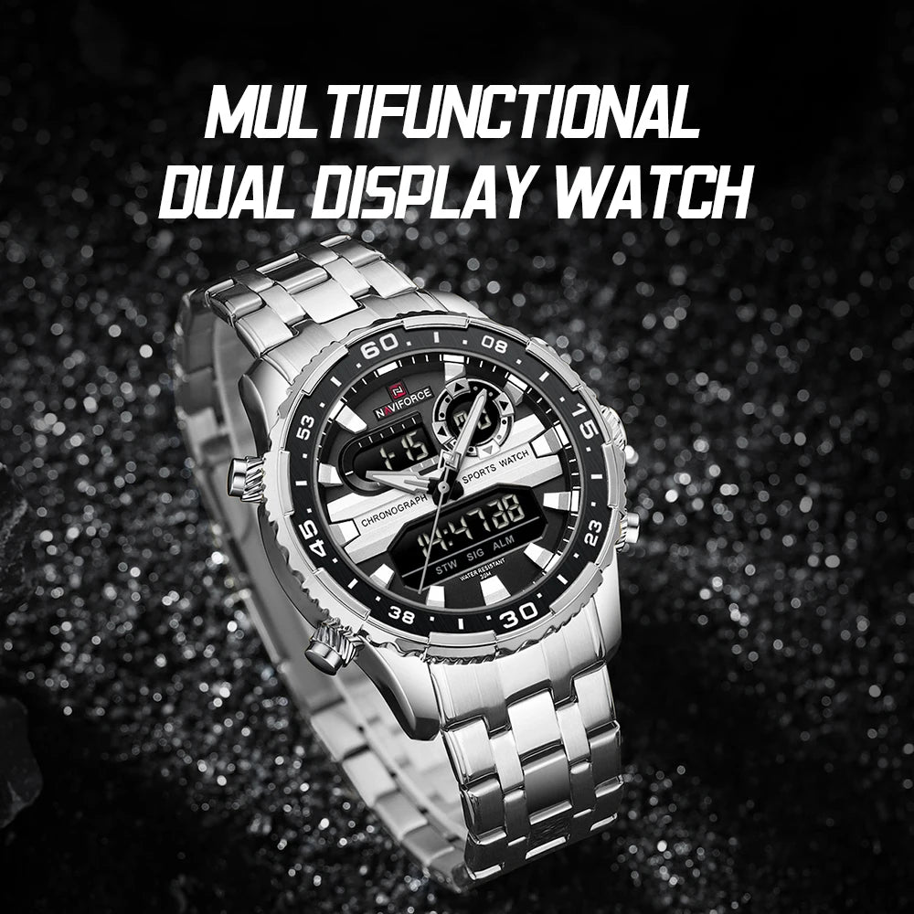 Gifts for Boyfriends NAVIFORCE Men's Silver Black Quartz Watch LCD Digital Waterproof  Wristwatch Male Luminous Hands Date Clock