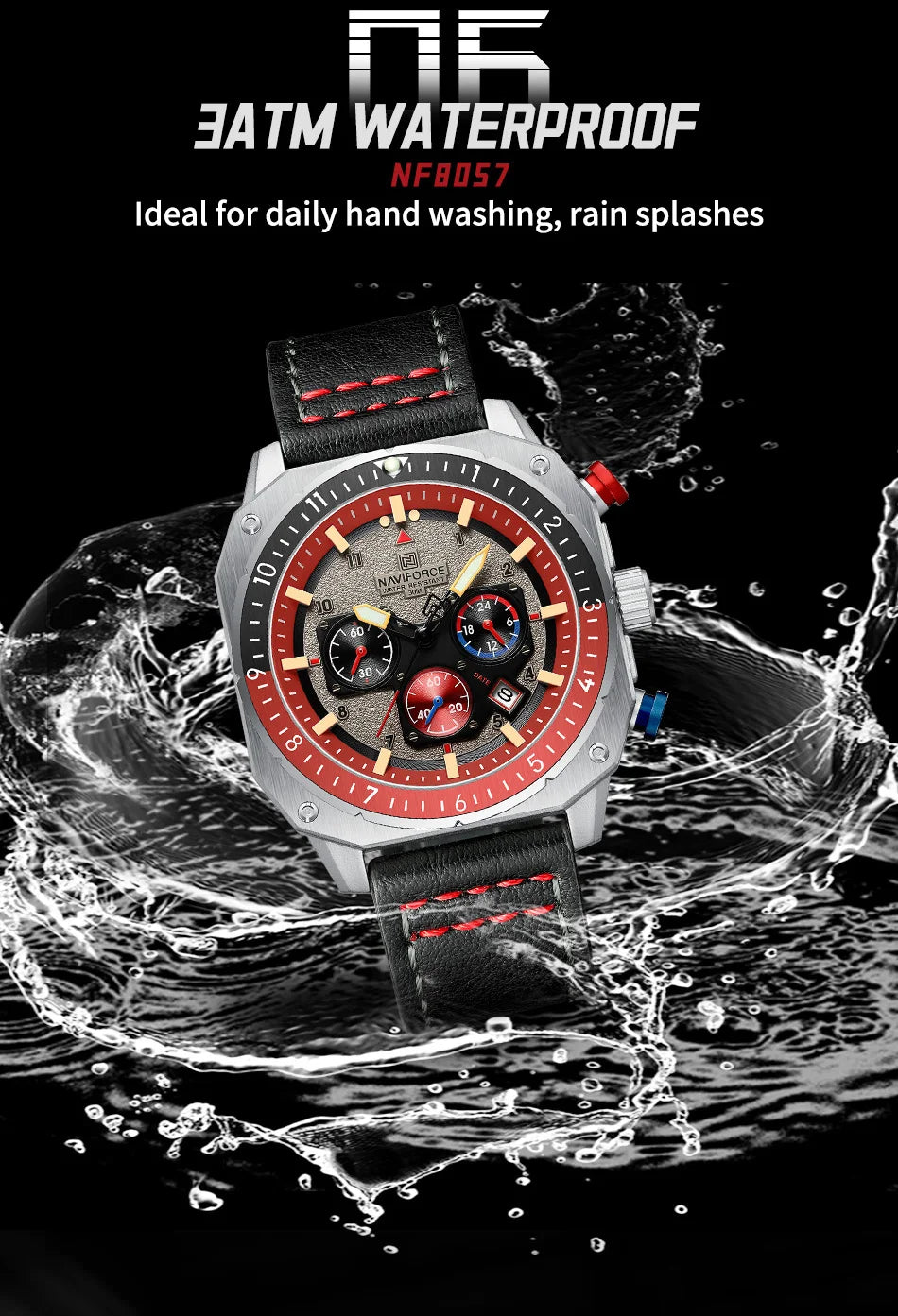 NAVIFORCE Sports Multifunction 24 Hours Date Display Waterproof Watch for Men Fashion Leather Quartz Analog Luminous Wrist Watch