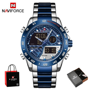 NAVIFORCE Male Quartz Dual Display Clocks Waterproof Luminous Stainless Steel Strap Watches Men Mature Style Wristwatch Gift Box