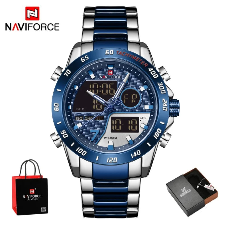 NAVIFORCE Male Quartz Dual Display Clocks Waterproof Luminous Stainless Steel Strap Watches Men Mature Style Wristwatch Gift Box