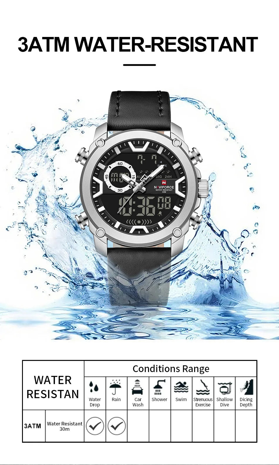 NAVIFORCE Man's Watch Quartz Dual Display Waterproof Leather Strap Alarm Male Simple Fashion Business Casual Wristwatch Gift Box