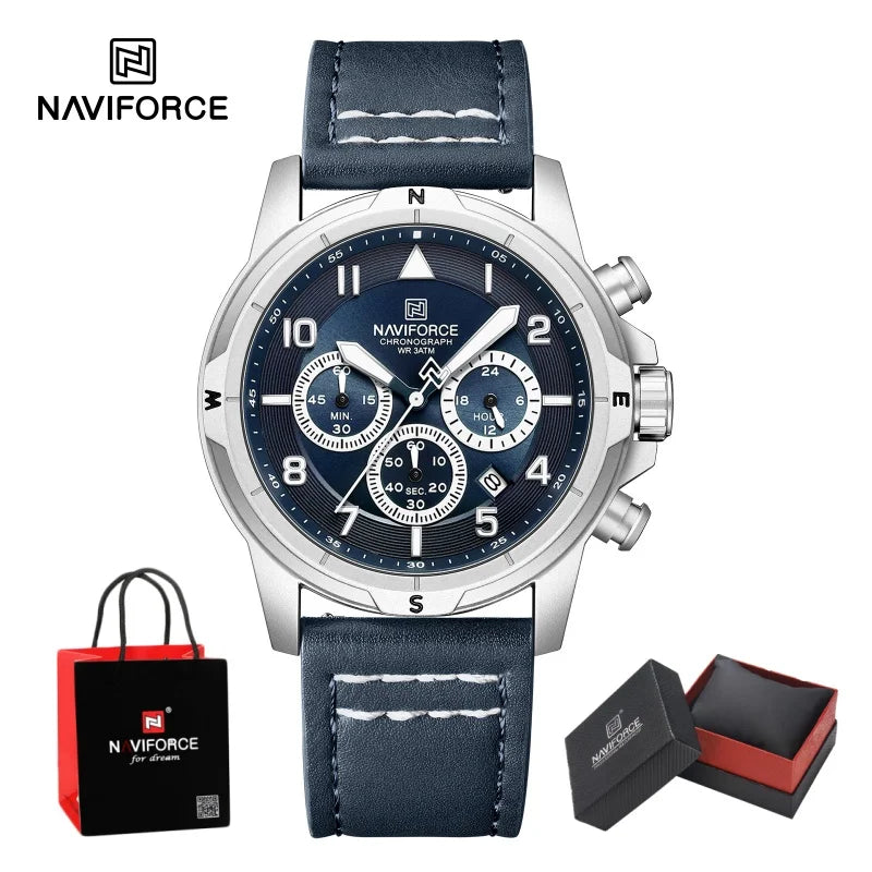 NAVIFORCE Classic Men Quartz Chronograph Watch 3ATM Waterproof Date Display Leather Strap Business Wristwatch Gift Box for Male