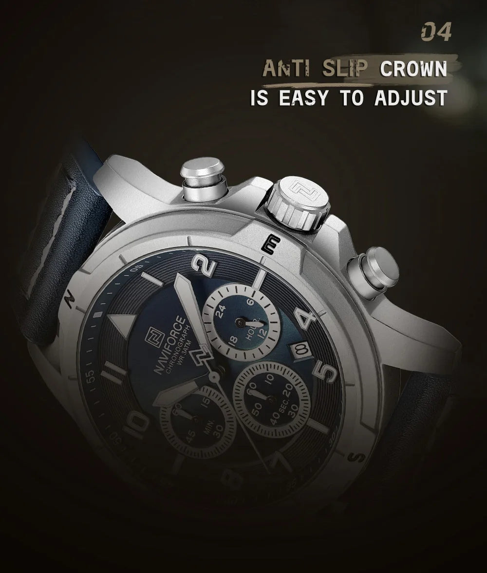 NAVIFORCE Men's Quartz Chronograph Wristwatch Multi Dial 24 Hour Clock Leather Band Modern Business Luxury Design Men Gift Watch