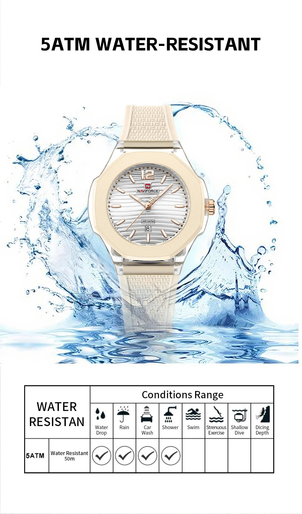 NAVIFORCE Woman Watch Silicone Band Waterproof Elegant Ladies Date Display Wristwatch Luxury Original Quartz Watches for Women