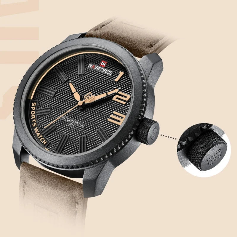 NAVIFORCE Man's Simple Fashion Quartz Watch Waterproof Soft PU Strap Mature Male Outdoor Daily Wear Sports Wristwatch Gifts Box