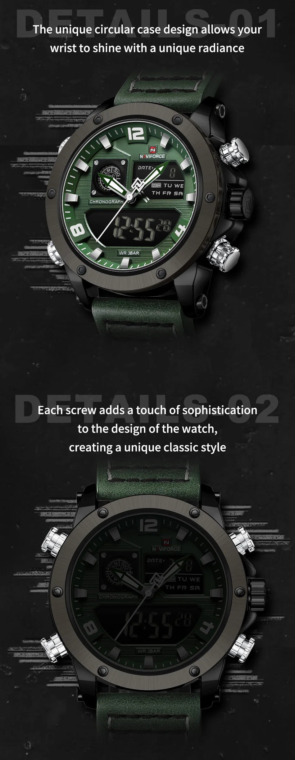 NAVIFORCE Digital Mens Military Watch Waterproof Watch Dual Display Quartz Sports Watch For Men Luminous High Quality Wristwatch