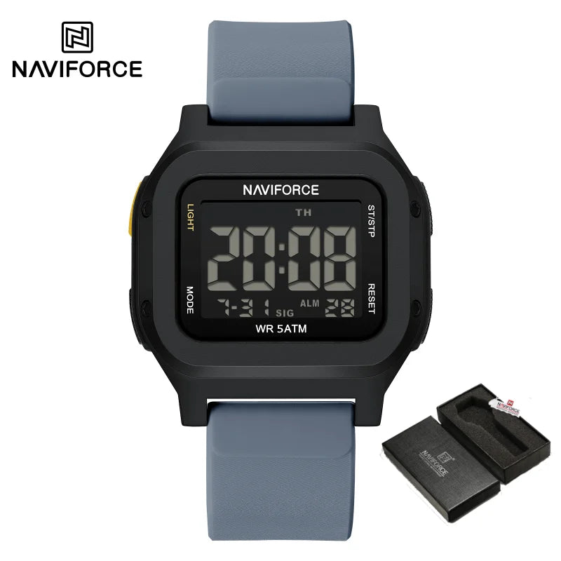 High Quality NAVIFORCE Men's Sport Wristwatch LCD Display 50m Waterproof Alarm Stopwatch BackLight Unique Square Case Gift Clock