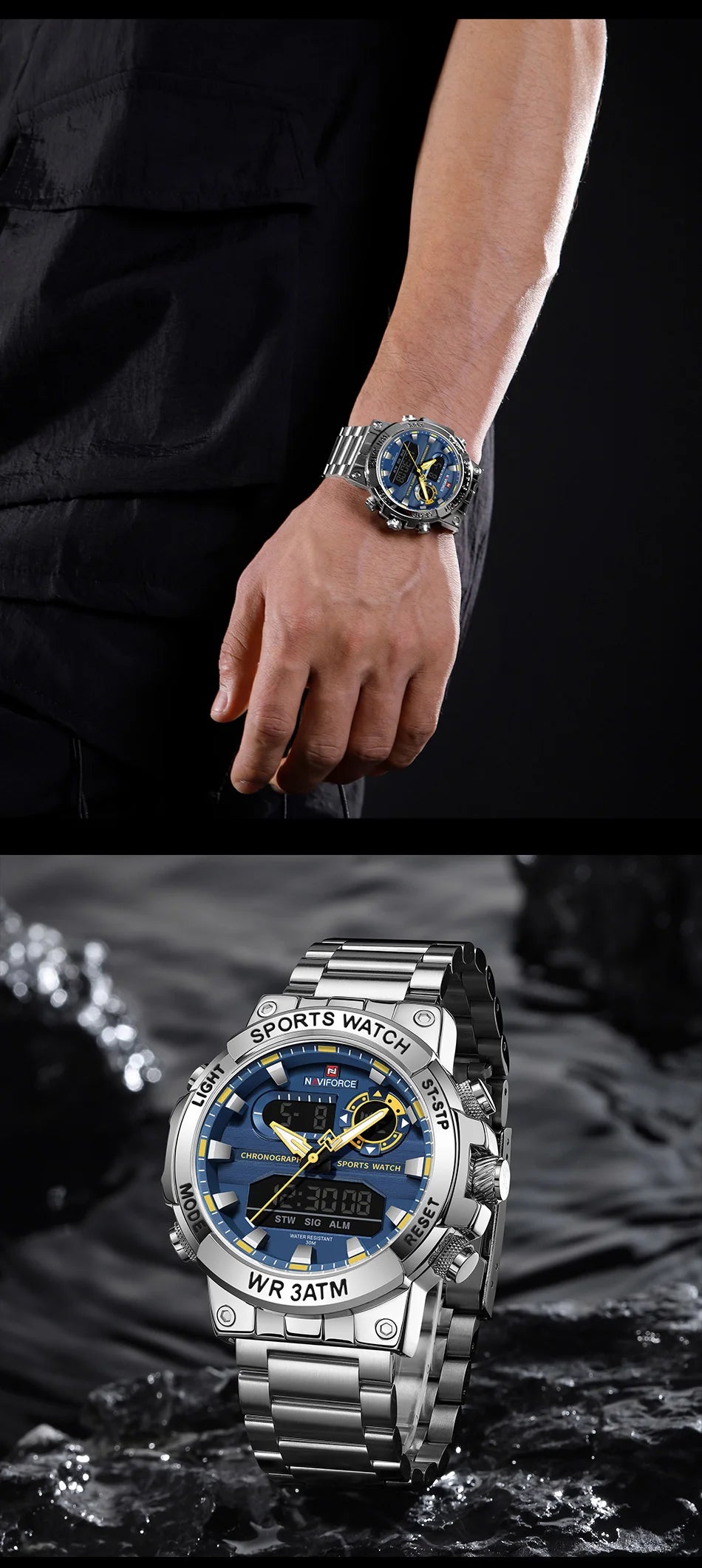 NAVIFORCE Men Military Watch Waterproof Wristwatch Dual Display Quartz Clock Sport Watch Male Big Watches Men Relogios Masculino