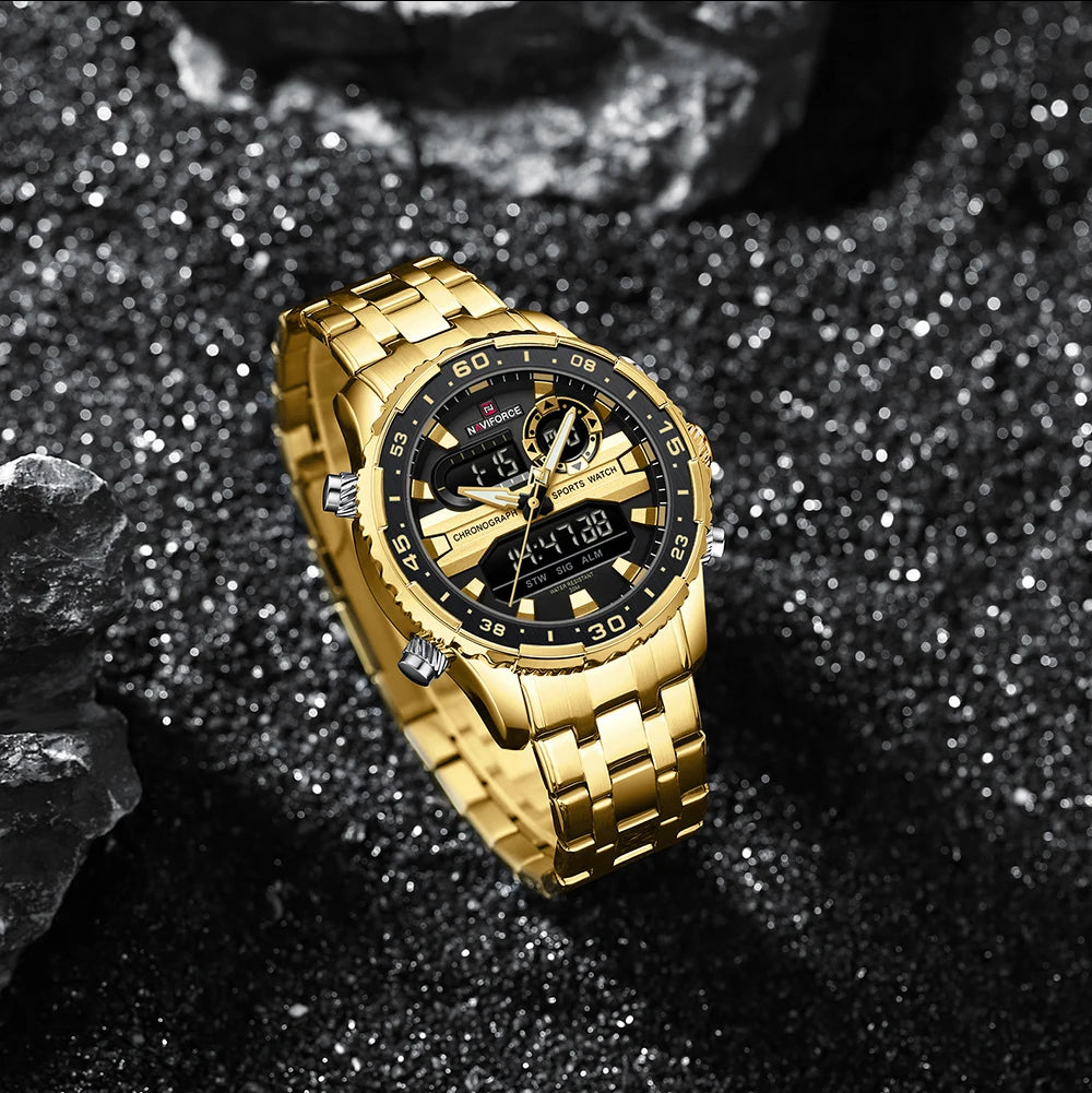 NAVIFORCE Men's Sports Alarm Watch Waterproof Chronograph Quartz Movement Steel Band Digital Date Week Display Wristwatches Gift
