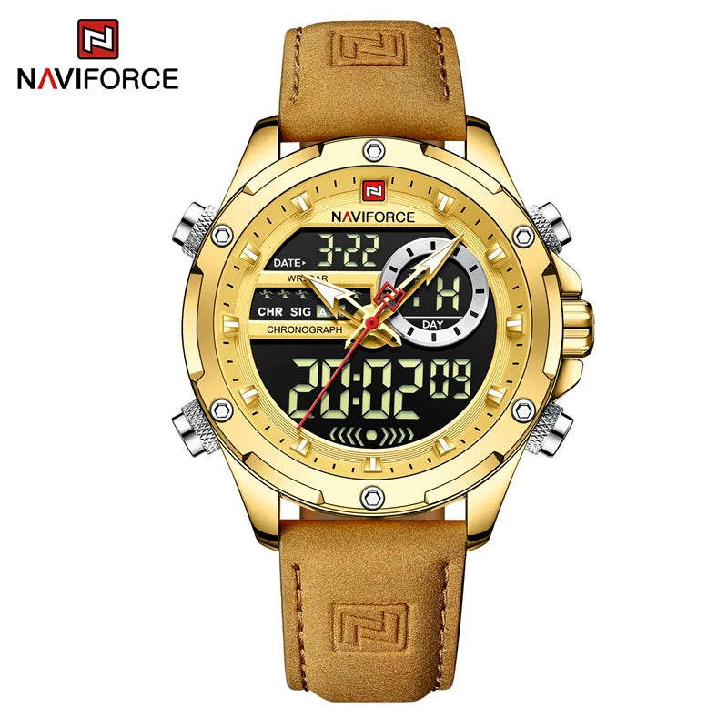 NAVIFORCE Original Men's Dual Time Luxury Sport Watch Casual Chronograph Alarm Quartz Wristwatch Leather Strap Waterproof Clock