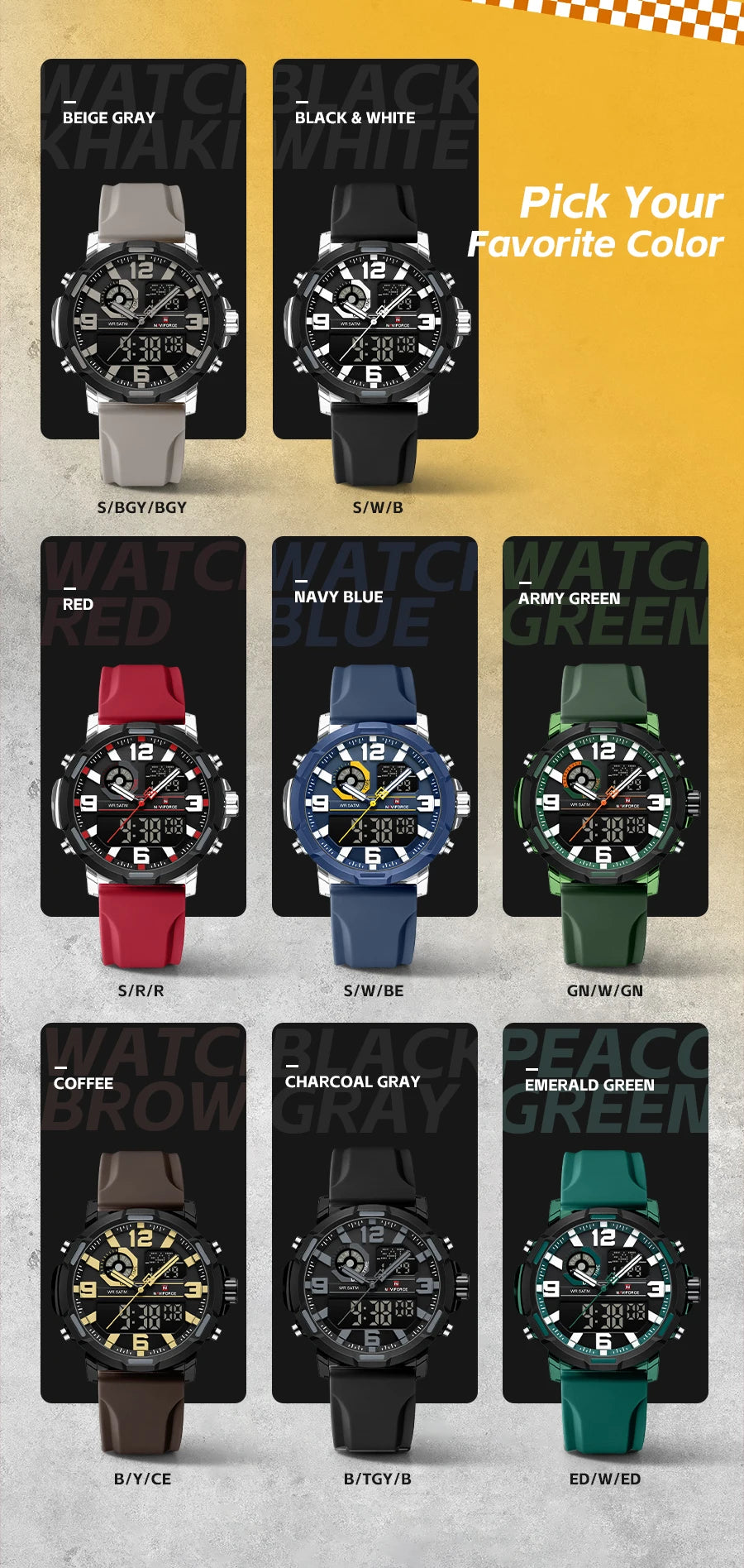 NAVIFORCE Quartz Dual Display Wristwatch for Men 50M Waterproof Silicone Band Multifuntion Clock Male Fashion Daily Sports Watch