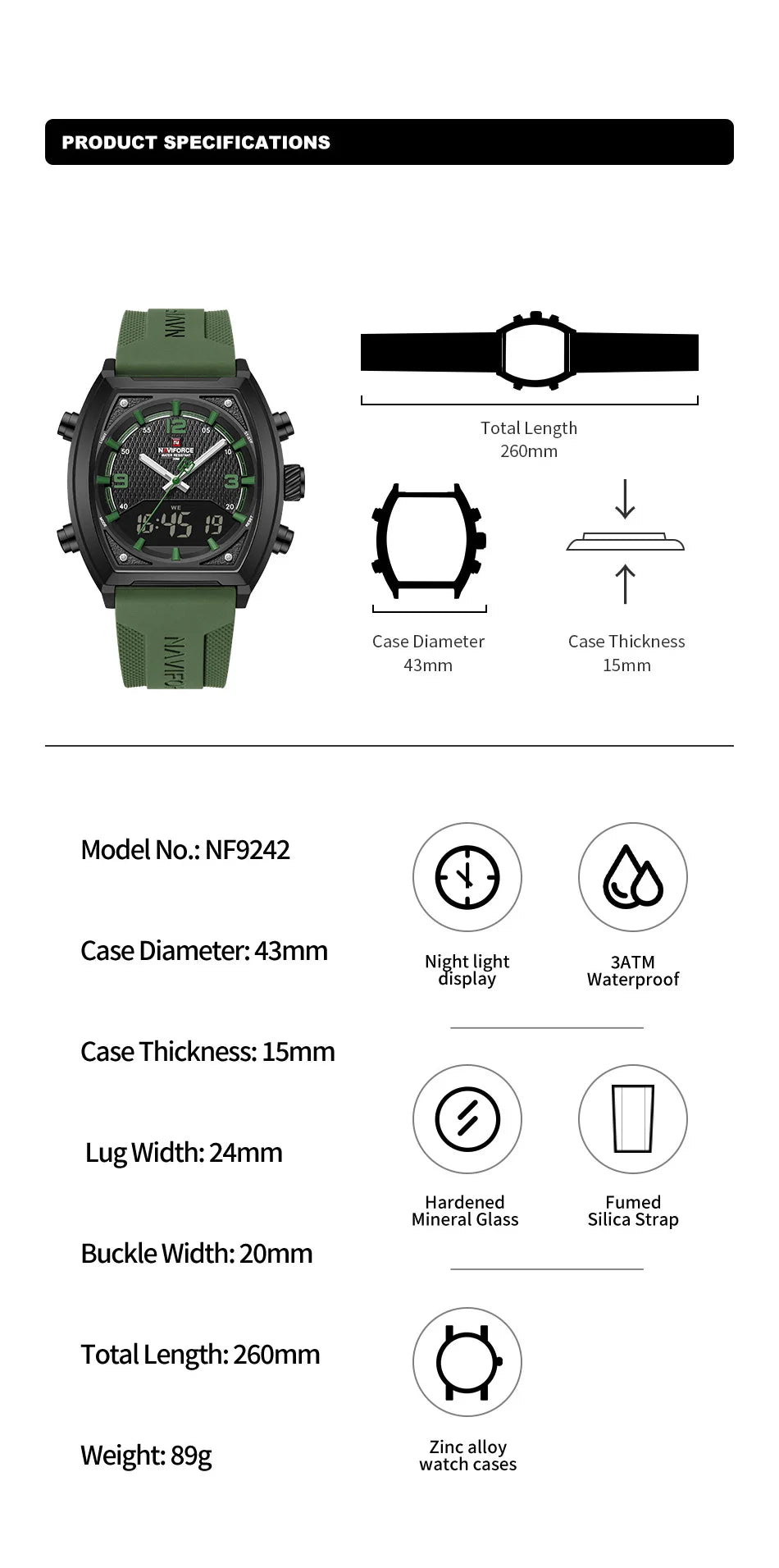 NAVIFORCE Sport Watch Waterproof Analog Dual Time Digital Wristwatches Week Display Clock Tonneau 2025 New Mens Military Watches