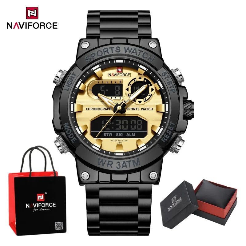 NAVIFORCE Men Watch Stopwatch Dual Time Display Men's Watch Fashion Sport Watch Stainless Steel Strap Waterproof  Package Gifts