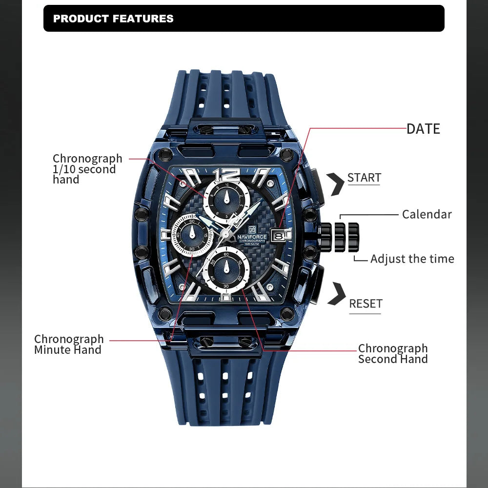 NAVIFORCE Outdoor Quartz Wristwatch for Men Chronograph Auto Date 5ATM Waterproof Silicone Strap Male Casual Fashion Sport Clock