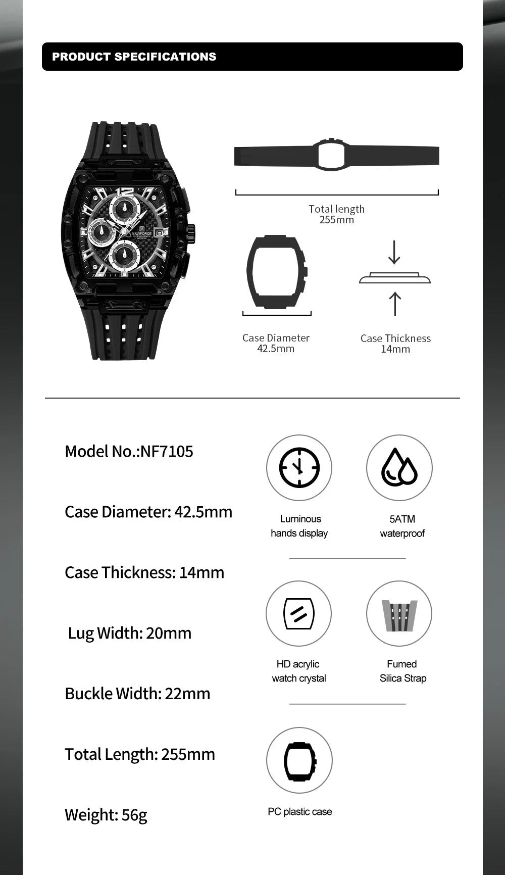 NAVIFORCE Man's Watch Quartz Chronograph 5ATM Waterproof Silicone Strap Fashion Sports Male Luxury Wristwatch Gifts Box NF7105