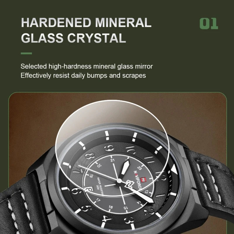 NAVIFORCE Simple Men Quartz Calendar Watch 3ATM Waterproof Genuine Leather Strap Business Casual Fashion Mature Style Wristwatch