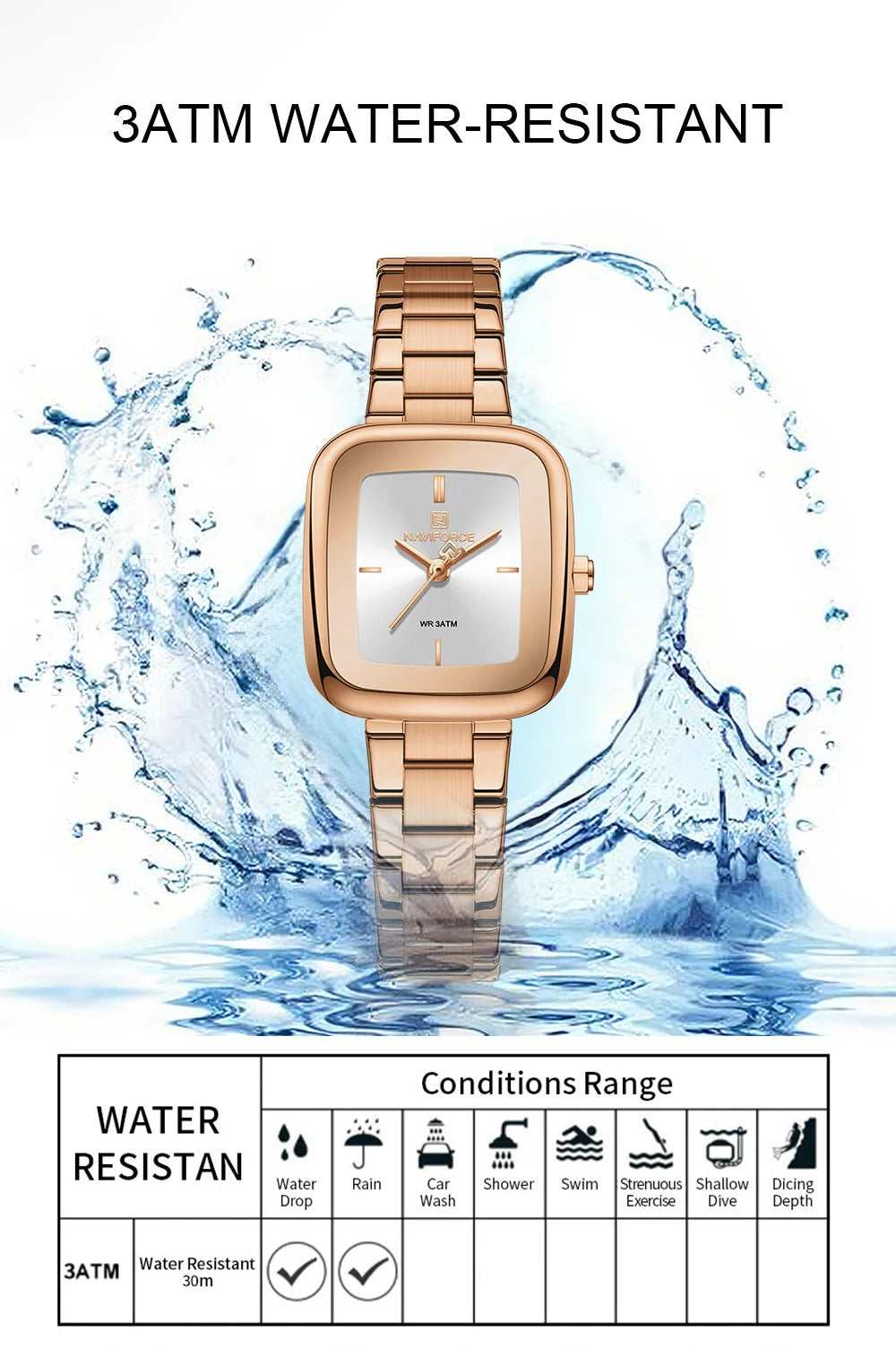 NAVIFORCE Square Watches for Women 3ATM Waterproof Stainless Steel Fashion Ultra Light Girls' Watch Wristwatch Gift Box for Lady
