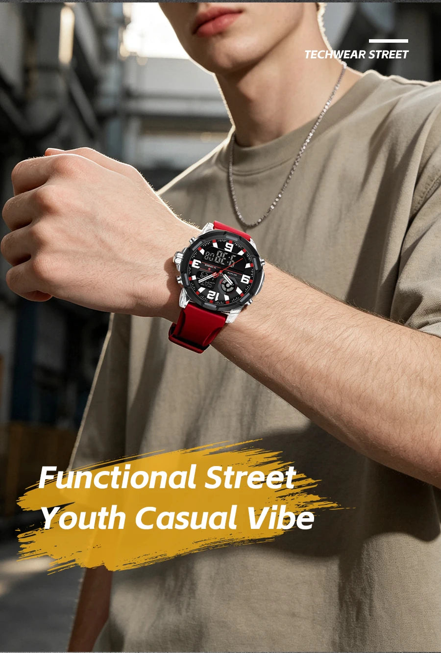 NAVIFORCE Men Dual Display Watch Alarm Clock 50M Waterproof Chronograph Stylish Novel Teenager Outdoor Sport Wristwatch Gift Box