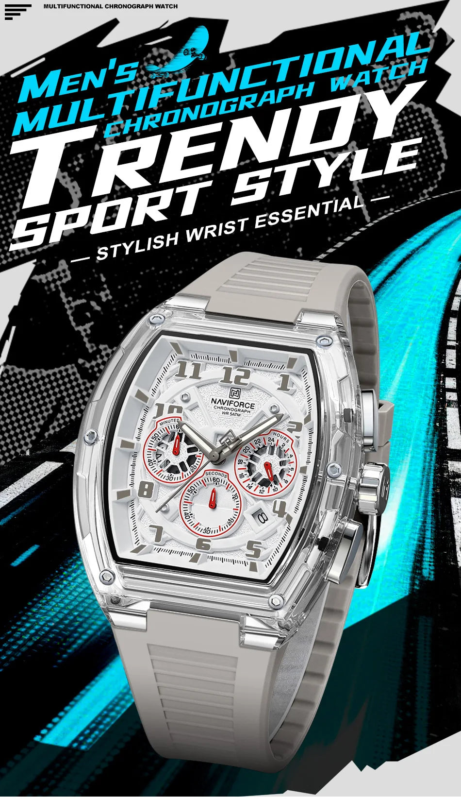 NAVIFORCE Man's Quartz Watch 50M Water Resistant Luminous Male Sports Wristwatch Barrel Dial Multi Function Casual Tech Stylish