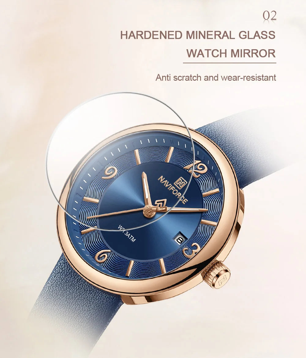 NAVIFORCE New Women Daily Quartz Watch Lightweight Floral Dial 3ATM Waterproof PU Strap Elegant Lady Wristwatch Relogio Feminino