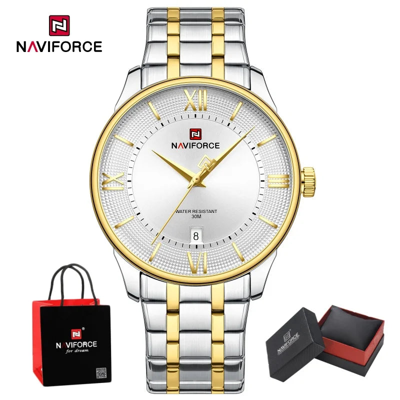 NAVIFORCE Man's Watch Quartz Calendar 30M Waterproof Stainless Steel Male Stylish Daily Luxury Wristwatch Gifts Box Father's Day