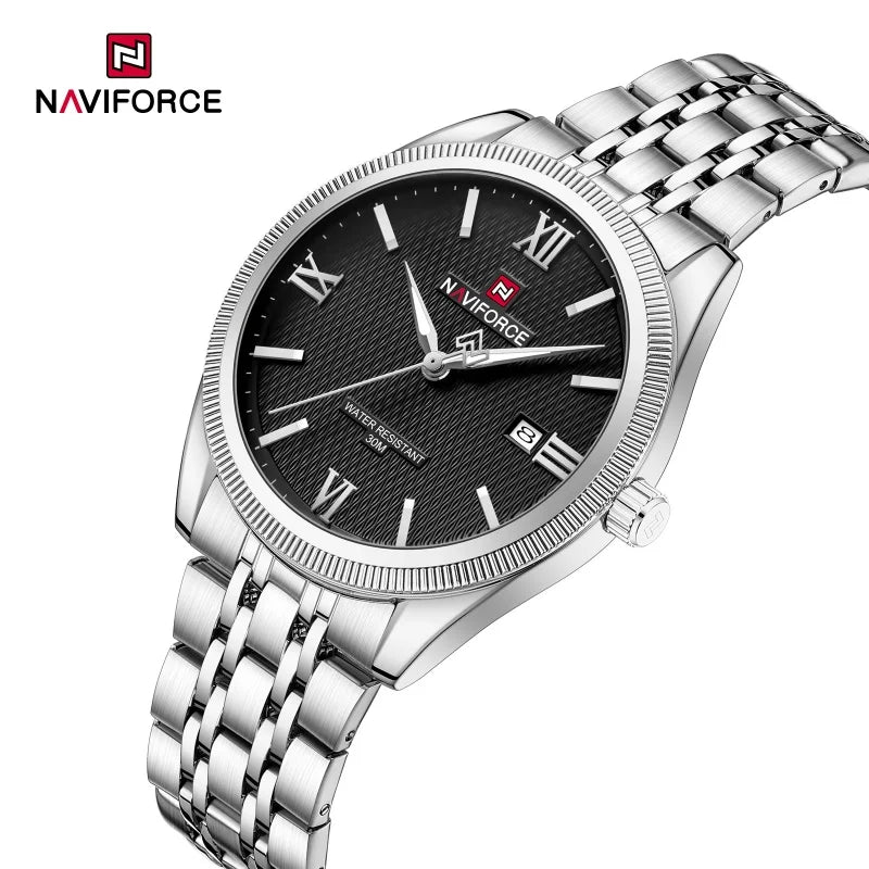 NAVIFORCE Man Wristwatch Quartz Calendar 30M Waterproof Date Display Steel Band Casual Male Business Watch Gift for Father's Day