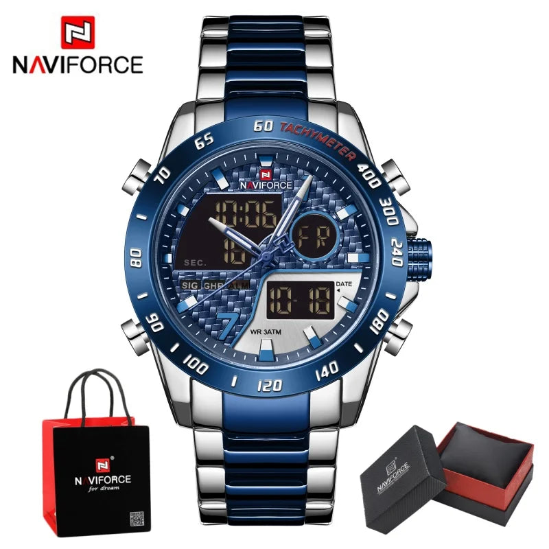 NAVIFORCE Man's Quartz Watch Dual Display Luminous Stainless Steel Strap Male Fashion Business Father's Day Wristwatch Gifts Box