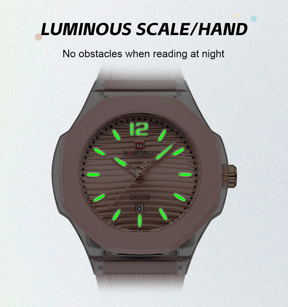 NAVIFORCE Woman's Watch Quartz Waterproof Silicone Band Date Display Wristwatch Luxury Trendy Ladies Dress Wristwatch Gifts Box