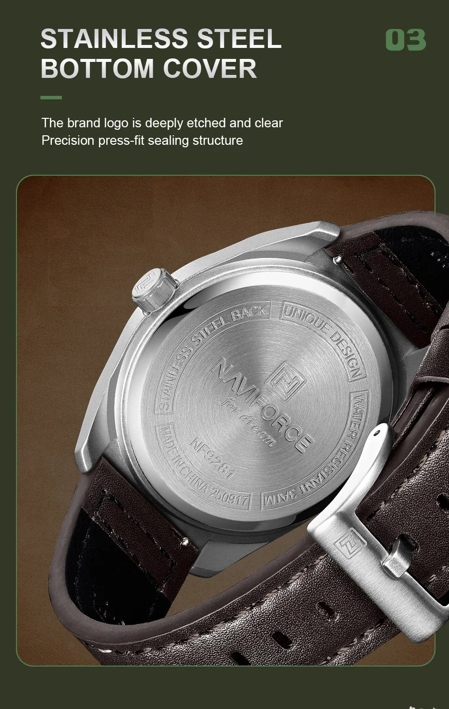 NAVIFORCE Men's Quartz Calendar Watch 3ATM Waterproof Leather Strap Casual Fashion Business Daily Wear Male Wristwatch Gift Box